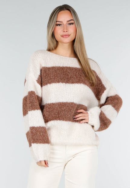 NEW261125 Gestreepte Crème en Bruine Trui