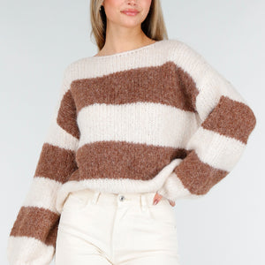 NEW261125 Gestreepte Crème en Bruine Trui