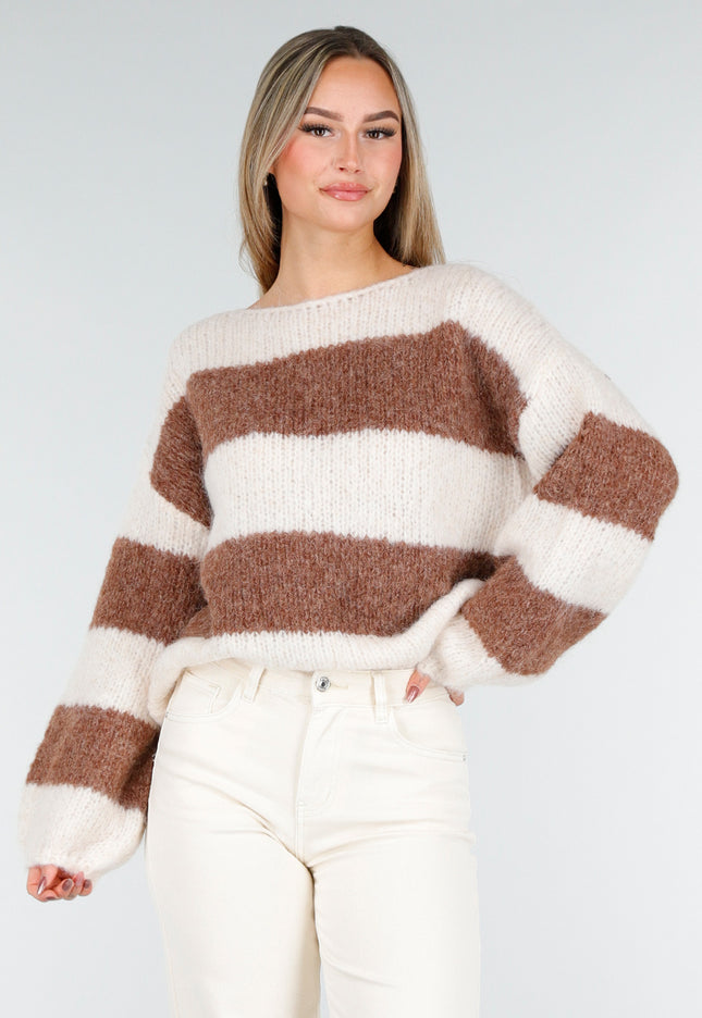 NEW261125 Gestreepte Crème en Bruine Trui