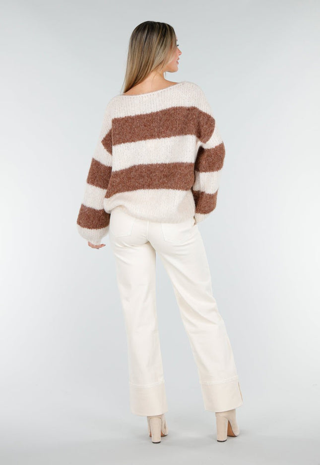 NEW261125 Gestreepte Crème en Bruine Trui