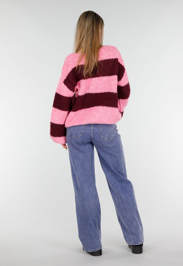 NEW261125 Gestreepte Roze en Bordeaux Trui