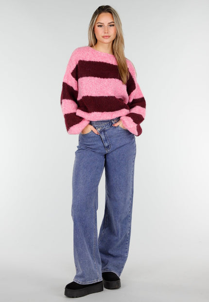 NEW261125 Gestreepte Roze en Bordeaux Trui