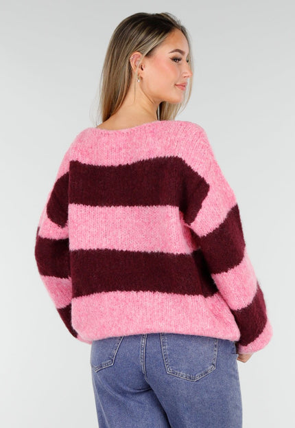 NEW261125 Gestreepte Roze en Bordeaux Trui