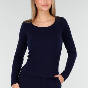 NEW261125 Navy Stretch Fleece Top met Ronde Hals