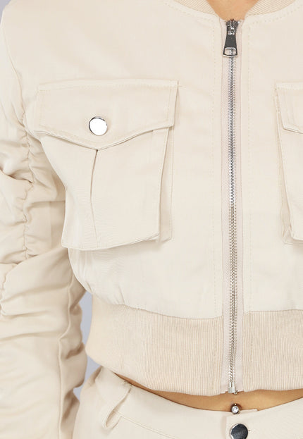 NEW2703 Beige Bomber Two Piece met Skort