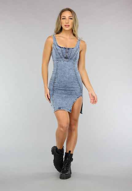 NEW2703 Blauwe Denim Bodycon Jurk met Split