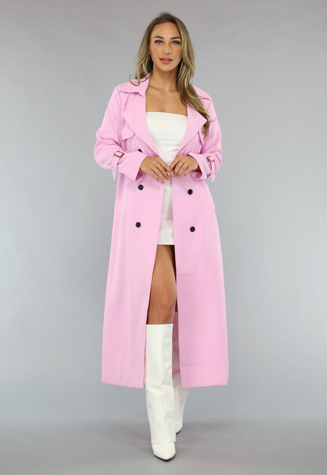 NEW2703 Lange Jas met Ceintuur in Babyroze