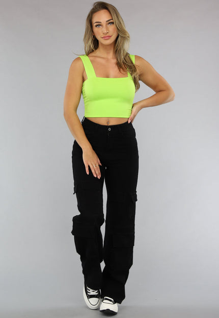 OP=OP.AV.09 Limoen Groene Crop Top met Vierkante Hals