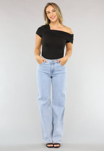 NEW2703 Zwarte Geplooide Top met Asymmetrische One Shoulder