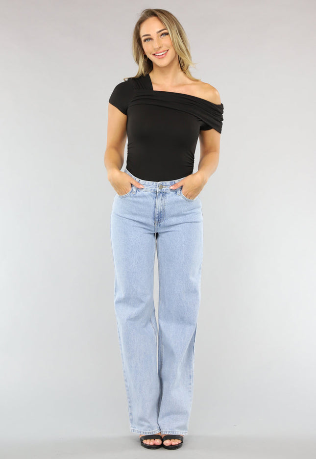 NEW2703 Zwarte Geplooide Top met Asymmetrische One Shoulder