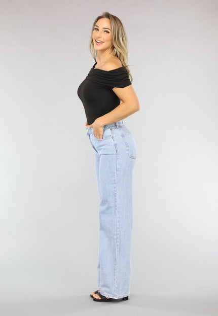 NEW2703 Zwarte Geplooide Top met Asymmetrische One Shoulder