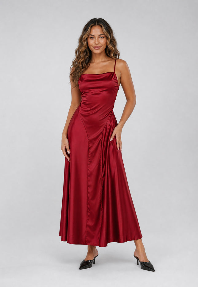 NEW270526 Bordeaux Satijnen Maxi Jurk met Open Rug