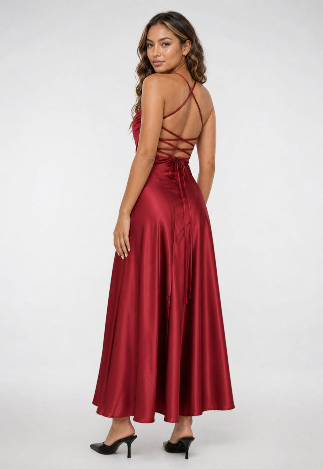 NEW270526 Bordeaux Satijnen Maxi Jurk met Open Rug