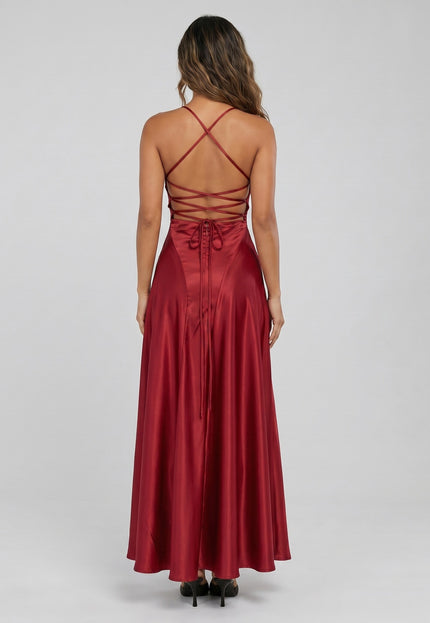 NEW270526 Bordeaux Satijnen Maxi Jurk met Open Rug