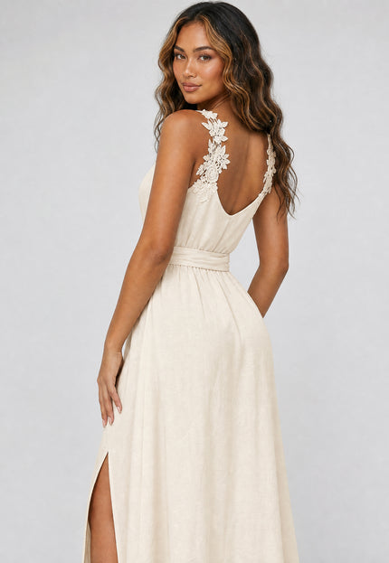 NEW270526 Crème Maxi Jurk met Kant en Ceintuur