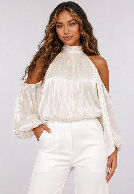NEW270526 Crème Satijnen Cold Shoulder Top