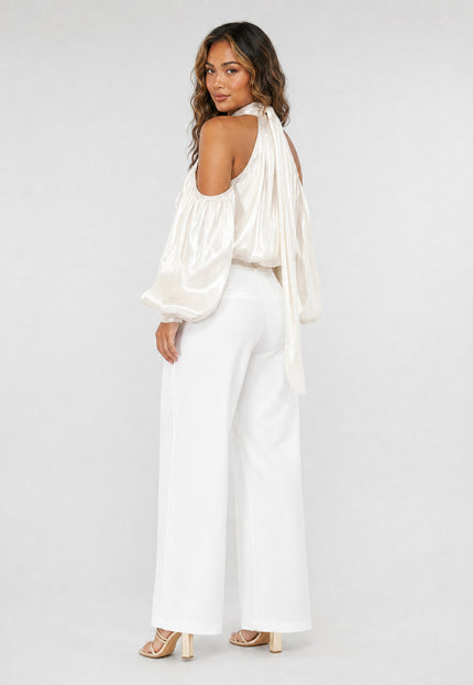 NEW270526 Crème Satijnen Cold Shoulder Top