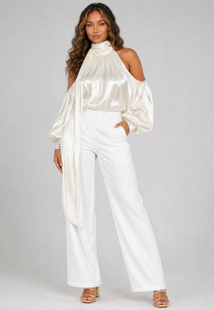 NEW270526 Crème Satijnen Cold Shoulder Top