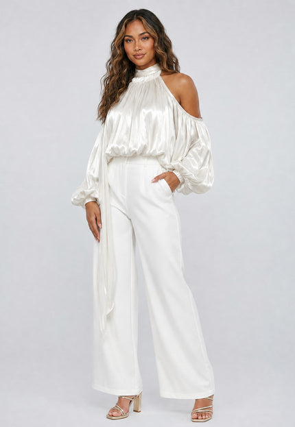 NEW270526 Crème Satijnen Cold Shoulder Top