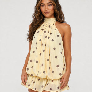 NEW270526 Gele Halter Jurk met Bruine Stippen