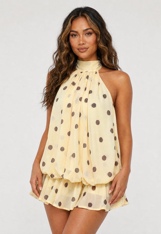 NEW270526 Gele Halter Jurk met Bruine Stippen