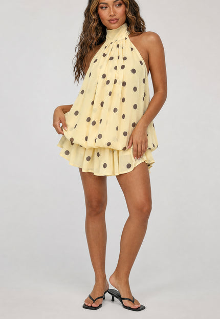 NEW270526 Gele Halter Jurk met Bruine Stippen