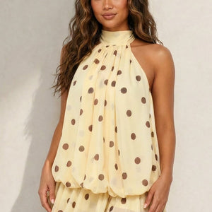 NEW270526 Gele Halter Jurk met Bruine Stippen