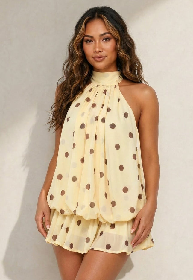 NEW270526 Gele Halter Jurk met Bruine Stippen