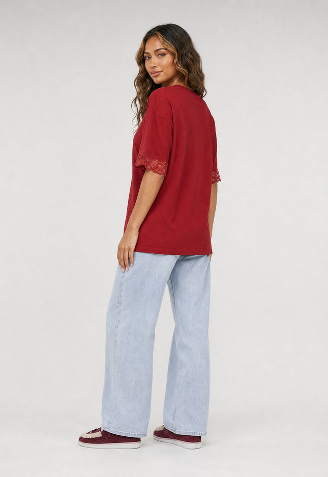 NEW270526 Rood T-Shirt met Kantmouwen