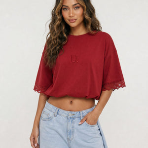 NEW270526 Rood T-Shirt met Kantmouwen