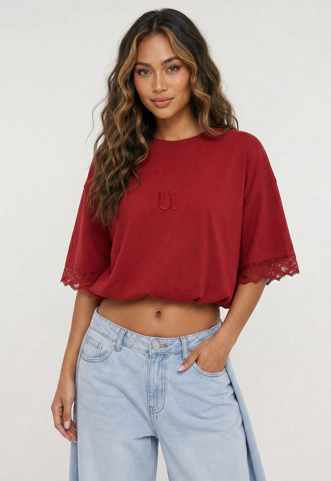 NEW270526 Rood T-Shirt met Kantmouwen