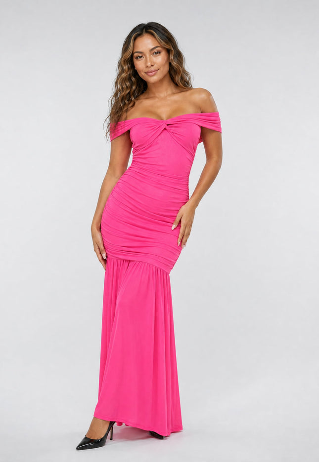 NEW270526 Roze Off Shoulder Maxi Jurk met Mesh