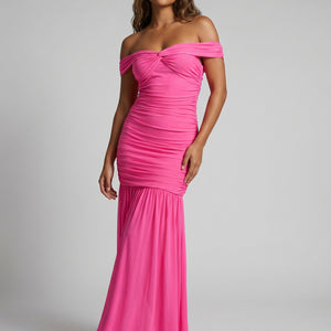 NEW270526 Roze Off Shoulder Maxi Jurk met Mesh