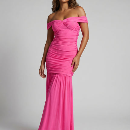 NEW270526 Roze Off Shoulder Maxi Jurk met Mesh