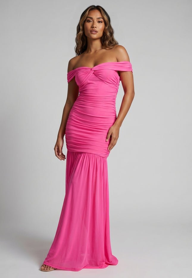 NEW270526 Roze Off Shoulder Maxi Jurk met Mesh