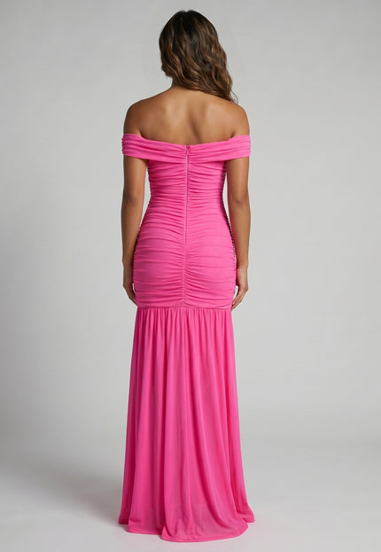 NEW270526 Roze Off Shoulder Maxi Jurk met Mesh