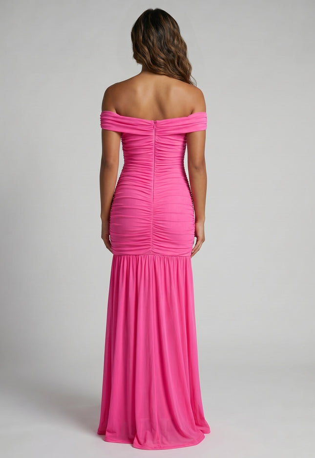 NEW270526 Roze Off Shoulder Maxi Jurk met Mesh