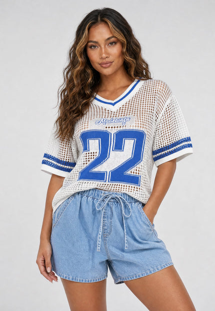 NEW270526 Witte Gebreide Football Top met Blauwe Print