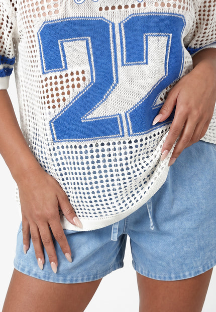NEW270526 Witte Gebreide Football Top met Blauwe Print