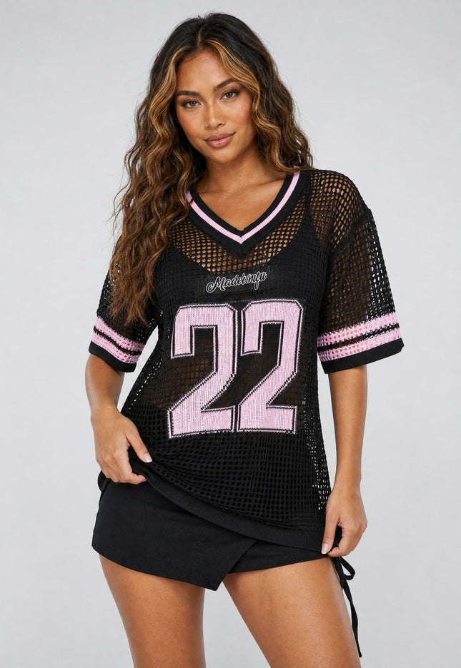 NEW270526 Zwart Gebreid Shirt met Cijferprint