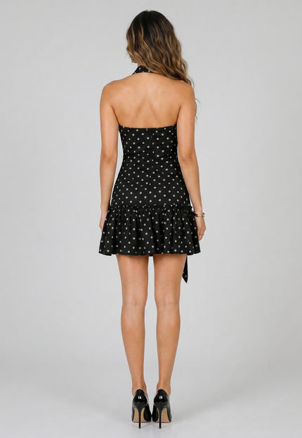 NEW270526 Zwarte Halter Jurk met Stippen