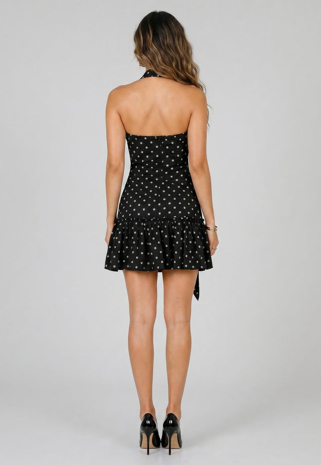 NEW270526 Zwarte Halter Jurk met Stippen