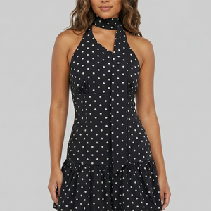NEW270526 Zwarte Halter Jurk met Stippen