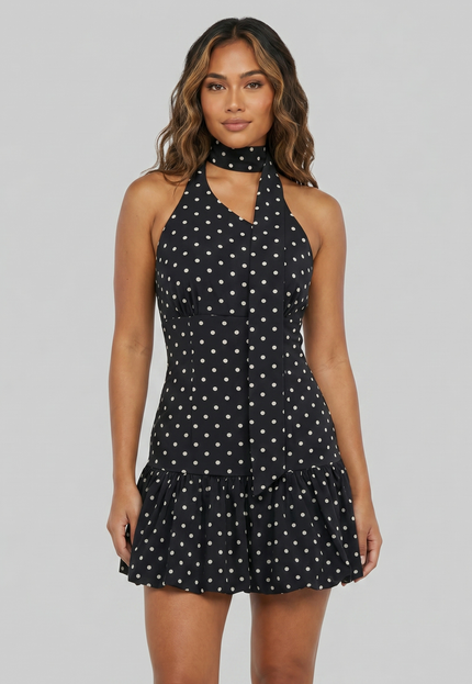 NEW270526 Zwarte Halter Jurk met Stippen