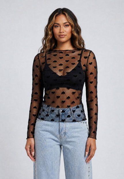 NEW270526 Zwarte Mesh Top met Hartjes