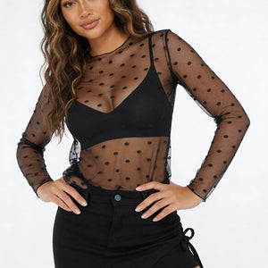 NEW270526 Zwarte Mesh Top met Stippen