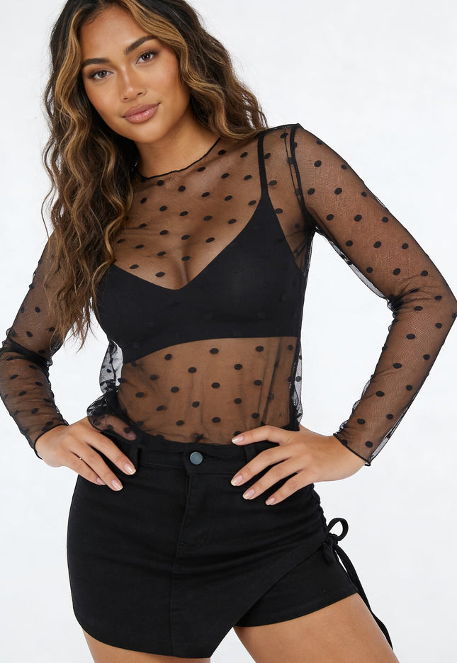 NEW270526 Zwarte Mesh Top met Stippen