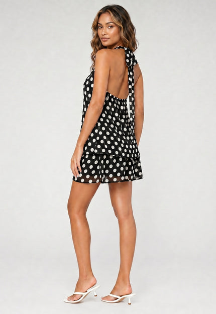 NEW270526 Zwarte Polkadot Halterjurk met Volant