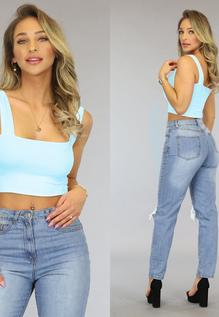 NEW2707 Babyblauwe Crop Top met Vierkante Hals