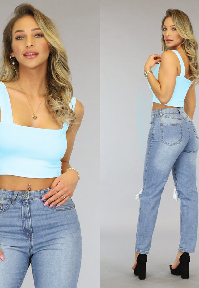 NEW2707 Babyblauwe Crop Top met Vierkante Hals